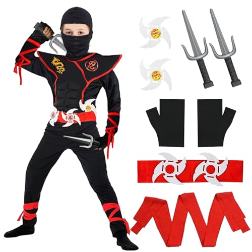 Nin-ja Kostüm Kinder, Jungen Nin-ja Cosplay Set, Nin-ja Kostüm Anzug, Nin-ja Muskel Kostüm mit Nin-ja Zubehör, Kinderkostüm Nin-ja Set Junge & Mädchen, Cosplay Nin-ja Kostüm für Halloween Karneval von LGZIN