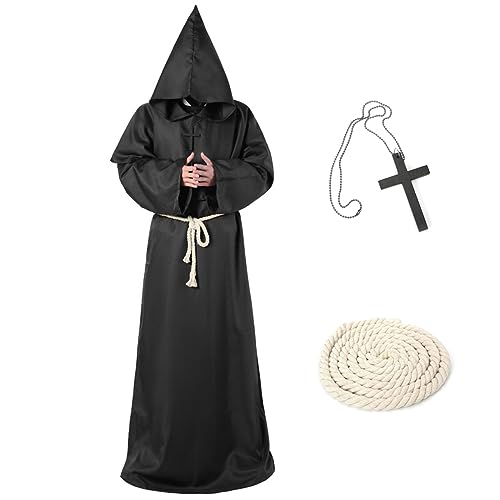 LGZIN Mönch Robe Kostüm, Priester Robe Kostüm, Mittelalterliche Robe mit Kapuze, Priester Gewand Kostüm mit Kapuze, Mittelalterliche Kapuze Renaissance Robe für Mottoparty, Halloween, Karneval (M) von LGZIN