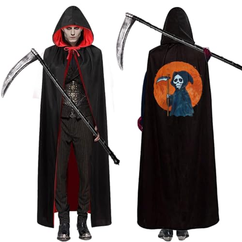 LGZIN Sensenmann Umhang, Halloween Umhang mit Kapuze, Schwarz Rot Doppelseitig Kostüm Umhang mit Sense, Halloween Mantel Erwachsene, Sensenmann Kapuzenumhang für Halloween Karneval Cosplay LGZIN Sensenmann Umhang, Halloween Umhang mit Kapuze, Schwarz Rot Doppelseitig Kostüm Umhang mit Sense, Halloween Mantel Erwachsene, Sensenmann Kapuzenumhang für Halloween Karneval Cosplay von LGZIN