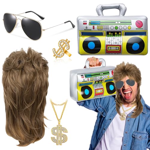 LGZIN Vokuhila Set, Herren 80er 90er Rapper Outfits, Hip Hop Kostüm Kit mit Vokuhila Perücke Herren Aufblasbare Radio Sonnenbrille, Cool Rapper Outfits Kostümzubehör für Karneval,Halloween,Fasching von LGZIN
