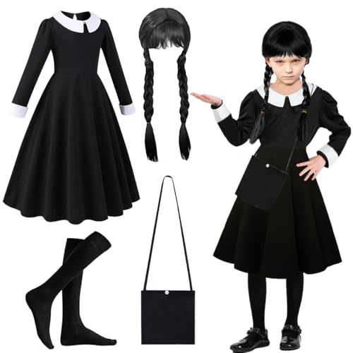 LGZIN Mittwoch Kostüm Kinder, 4 Stück Mittwoch Kostüm Kleid für Mädchen, Mittwoch Kostüm Mädchenkleid mit Perücke, Strumpf und Tasche, Familie Cosplay Outfit für Karneval Halloween von LGZIN