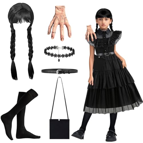 Mittwoch Kostüm Kinder, Mittwoch Kostüm Kleid für Mädchen, Schwarz Gotisch Kostüm mit Perücke, Strumpf, Gürtel, Halskette, Tasche und Mittwoch Hände, Familie Cosplay Outfit für Karneval Halloween Mittwoch Kostüm Kinder, Mittwoch Kostüm Kleid für Mädchen, Schwarz Gotisch Kostüm mit Perücke, Strumpf, Gürtel, Halskette, Tasche und Mittwoch Hände, Familie Cosplay Outfit für Karneval Halloween von LGZIN