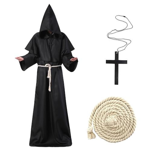 Mönch Robe Kostüm, Priester Robe Kostüm, Mönch Priester Gewand Kostüm mit Kapuze, Mittelalterliche Renaissance Robe, Halloween Mönch Robe, Priester Kostüm Herren für Mottoparty, Halloween, Karneval(S) von LGZIN