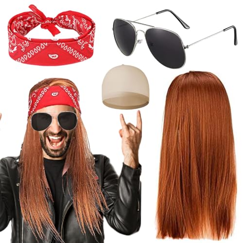 Rocker Kostüm Herren, Herren 90er Jahre Rocker Kit mit Perücke Rot/Blond + Stirnband + Sonnenbrille, Punker Kostüm Mann, für 70er 80er 90er Jahre Outfit Damen Herren Rapper von LGZIN