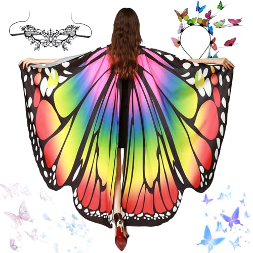 LGZIN Schmetterling Kostüm Damen, Schmetterling Kostüm Erwachsene, Schmetterling Flügel Umhang mit Schmetterling Haarreif Gesichtsmaske, Bunter Schmetterling Umhang für Karneval, Fasching, Mottoparty von LGZIN