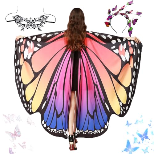LGZIN Schmetterling Kostüm Damen, Schmetterling Kostüm Erwachsene, Schmetterling Flügel Umhang mit Schmetterling Haarreif Gesichtsmaske, Bunter Schmetterling Umhang für Karneval, Fasching, Mottoparty von LGZIN