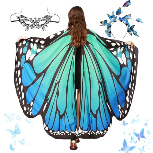 LGZIN Schmetterling Kostüm Damen, Schmetterling Kostüm Erwachsene, Schmetterling Flügel Umhang mit Schmetterling Haarreif Gesichtsmaske, Bunter Schmetterling Umhang für Karneval, Fasching, Mottoparty von LGZIN