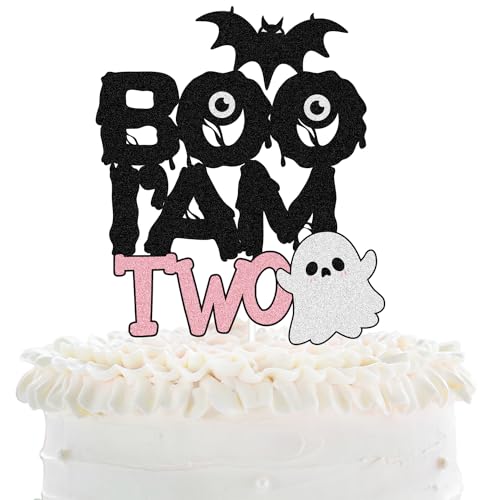 Boo I'm Two Happy Birthday Tortenaufsatz – Gruselige zwei Halloween-Kuchenaufsatz – Halloween Little Boo rosa Glitzer 2. Geburtstag Kuchenaufsatz – Happy Boo Day Cartoon rosa Halloween-Dekoration für von LHCING