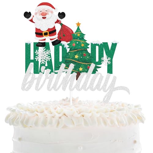 Frohe Weihnachten Happy Birthday Cake Topper - Winter Weihnachten Grün Glitzer Santa Cake Topper - Joyeux Noel 2024 Happy New Year - Weihnachtsferien Party Dekoration von LHCING