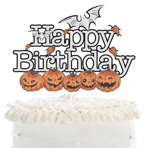 Halloween Happy Birthday Cake Topper – Halloween Geburtstag Kürbisse Fledermäuse Schwarz Glitzer Kuchen Topper – Halloween Kindergeburtstag Party Freitag Die 13. Party Kuchen Derocation von LHCING