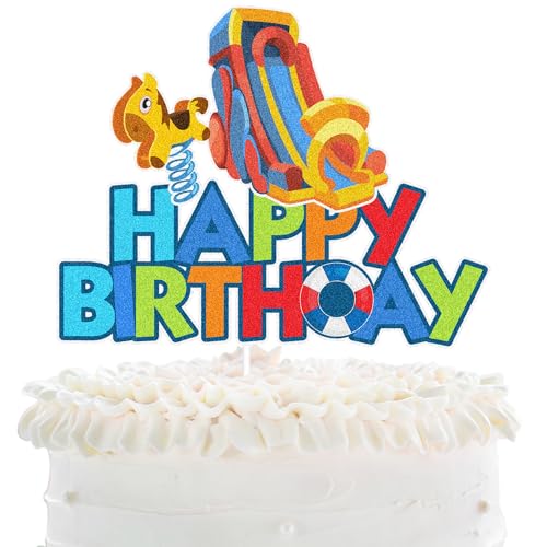 Wasserrutsche Happy Birthday Cake Topper – Sommerspaß Geburtstag Party Glitzer Kuchen Topper – Splish Splash Wasserrutsche Bash Geburtstag Party Dekoration für Kinder Jungen Mädchen von LHCING