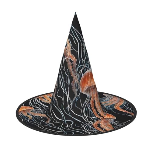 LHFIOHIRG (Blaue und goldene Quallen) Hexenhut für Erwachsene, faltbar, spitzer Hut, Halloween-Kostüm, Zubehör für Frauen, Cosplay, Partys, Urlaubsdekoration von LHFIOHIRG