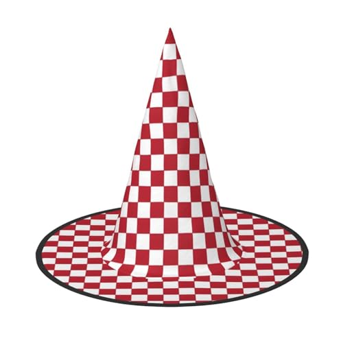 LHFIOHIRG (Rot karierte weiße Quadrate) Hexenhut für Erwachsene, faltbar, spitzer Hut, Halloween-Kostüm, Zubehör für Frauen, Cosplay, Partys, Urlaubsdekoration von LHFIOHIRG