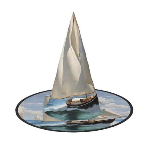 LHFIOHIRG (Segelboot Schiff Landschaft) Erwachsene Hexenhut Faltbarer Spitzhut Halloween Kostüm Zubehör für Frauen Cosplay Partys Urlaub Dekoration von LHFIOHIRG