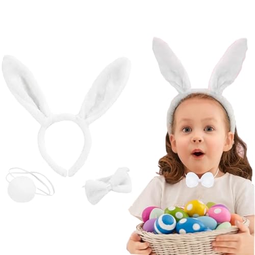 LHKJ Bunny Ohren Haarreif, Bunny Kostüm Frauen mit Ohren, Fliegen, Schwanz, Hasen Cosplay Hasenohren Haarreif, Kaninchen Cosplay Set für Kinder Erwachsene Karneval Party Weihnachten Weiß von LHKJ