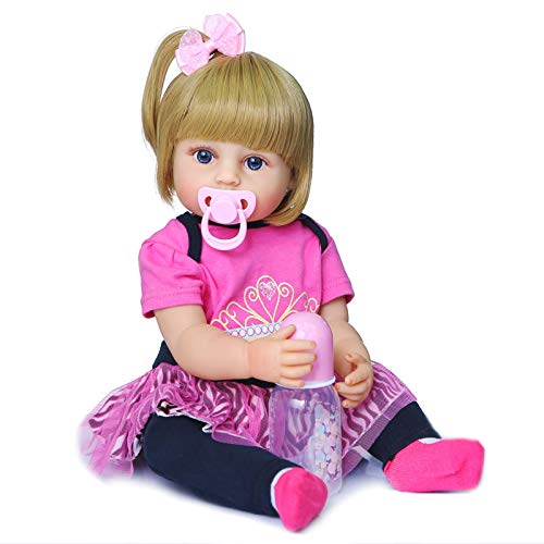 22 Zoll Reborn Baby Dolls Mädchen mit blauen/braunen Augen Glattes Haar Puppe mit Kleidung Realistische Kleinkind Prinzessin Neugeborene Puppe,B von LHSUNTA