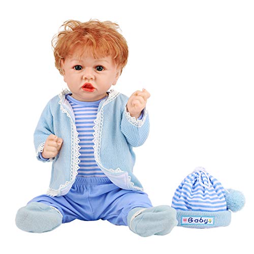 Real Life 22 Zoll Reborn Dolls Junge mit blauem Anzug und Hut, realistisch handgefertigt, weiches Silikon-Vinyl, echt aussehende Neugeborene, wiedergeborene Jungen von LHSUNTA