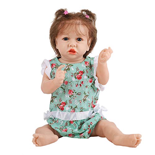 Realistische wiedergeborene Puppen Mädchen mit grünem Blumenanzug 22 Zoll Neugeborenes Baby Kleinkind Puppe echtes Leben weiches Silikon Vinyl handgefertigte Geschenke Spielzeug für Kinder von LHSUNTA