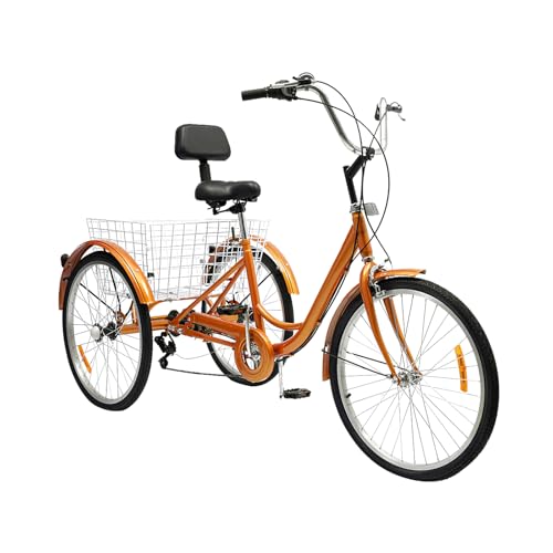 24 Zoll Dreirad Erwachsene, 6-Gang Dreiräder mit Reflektierende Streifen und Radschutzbleche, Dreirädriges mit Korb, Klingel und Rückenlehne, 3-Rad Retro Fahrrad (Gelb) von LIAIZE