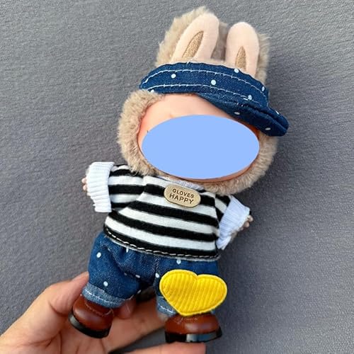 Clothes laabu Clothes Plush Sitting Party One, Two or Three Generations of Replacement Skirt Set, Suitable for 17CM,Only Clothes, not Shoes Included (Denim Stripes (Hut + T-Shirt + Pants)) von LIANTRADECOM