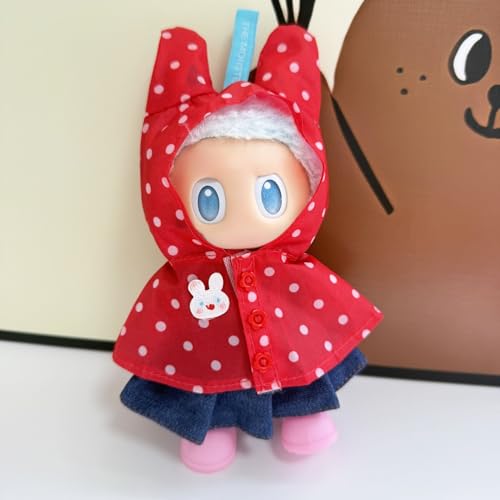 Geeignet für 17 cm-LABU Kleidung, kleiner Poncho mit Kapuze, Umhang, Rock, Schuhe (großer rot-weißer gepunkteter Regenmantel + Jeansrock + rosa Regenstiefel) von LIANTRADECOM