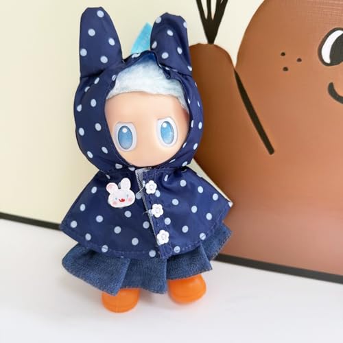 Geeignet für 17 cm-LABU Kleidung, kleiner Poncho mit Kapuze, Umhang, Rock, Schuhe (marineblau, weiß, gepunktet, Regenmantel + Jeansrock + orangefarbene Regenstiefel) von LIANTRADECOM