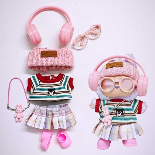 Labu-Kleidung, Fischgräten-Set, 6-teiliges Set, 17 cm (Rock + T-Shirt + Kopfhörer + Hut + Brille + Schuhe + Anhänger) von LIANTRADECOM