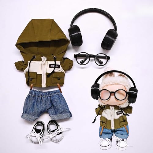 Labu Kleidung Hosen Rock Hut Schuhe Brille Kamera Set Universal Fashion Cute 17CM (Grüne Kapuzenjacke + Hose + Schuhe + Kopfhörer + Brille) von LIANTRADECOM