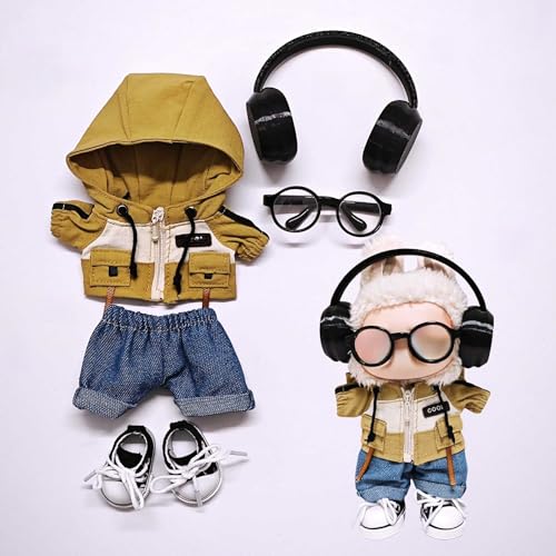Labu Kleidung Hosen Rock Hut Schuhe Brille Kamera Set Universal Fashion Cute 17CM (Khaki Kapuzenjacke + Hose + Schuhe + Kopfhörer + Brille) von LIANTRADECOM