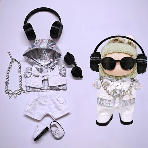 Labu Kleidung Hosen Rock Hut Schuhe Brille Kamera Set Universal Fashion Cute 17CM (Silber Kleidung + Hosen + Schuhe + Sonnenbrille + Halskette + Kopfhörer) von LIANTRADECOM