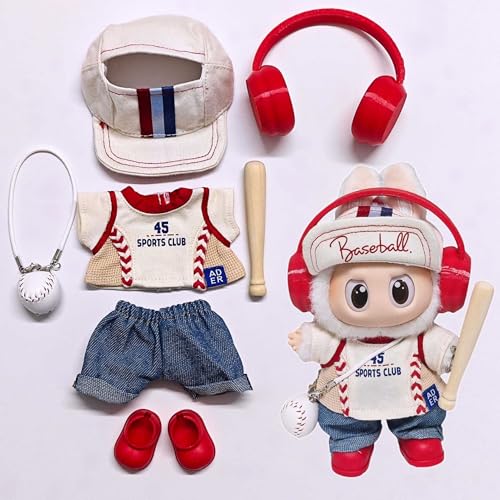 Labu Kleidung Hosen Rock Hut Schuhe Brille Kamera Set Universal Mode Niedlich 17 cm (Hose + Baseballkappe + Baseballuniform + Kopfhörer + Ball + Schläger + Schuhe) von LIANTRADECOM