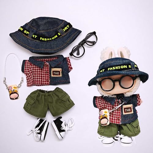Labu Kleidung Hosen Rock Hut Schuhe Brille Kamera Set Universal Mode Niedlich 17 cm (Hut + Denim + Arbeitshose + Segeltuchschuhe + Anhänger + Brille) von LIANTRADECOM