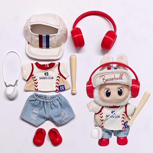 Labu Kleidung Hosen Rock Hut Schuhe Brille Kamera Set Universal Mode Niedlich 17 cm (Loch + Baseballkappe + Baseballuniform + Kopfhörer + Ball + Schläger + Schuhe) von LIANTRADECOM