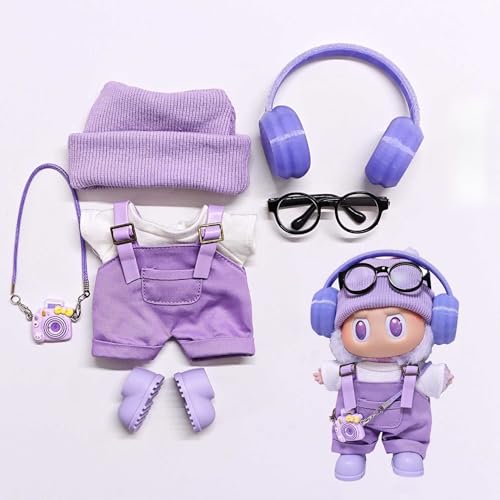 Labu Kleidung Hosen Rock Hut Schuhe Brille Kamera Set Universal Mode Niedlich 17 cm (lila Overalls 7-teiliges Set) von LIANTRADECOM