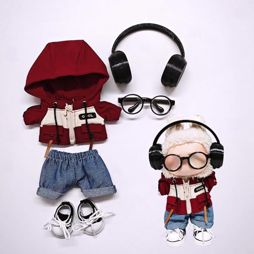 Labu Kleidung Hosen Rock Hut Schuhe Brille Kamera Set Universal Mode Niedlich 17 cm (rote Kapuzenjacke + Hose + Schuhe + Kopfhörer + Brille) von LIANTRADECOM