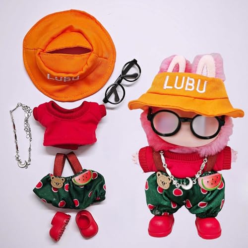 One Two and Three Generations of Labu Clothes, Fish Bone Set, 6-Piece Set, 17cm (Red Shirt + Hat + Overalls + Shoes + Necklace + Black Glasses) von LIANTRADECOM