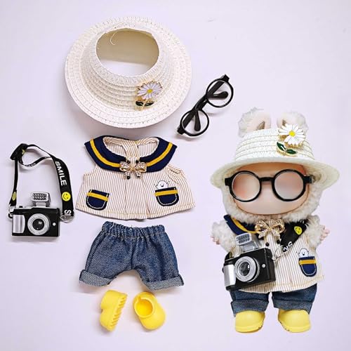 One Two and Three Generations of Labu Clothes, Fish Bone Set, 6-teiliges Set, 17 cm (Rock + Hose + Schuhe + Strohhut + Brille + schwarze Kamera) von LIANTRADECOM