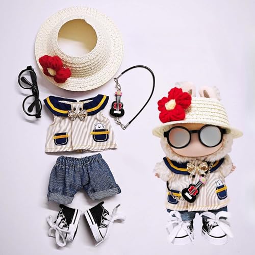 One Two and Three Generations of Labu Clothes, Fish Bone Set, 6-teiliges Set, 17 cm (Strohhut + Rock + Hose + Gitarre + Brille + Segeltuchschuhe) von LIANTRADECOM