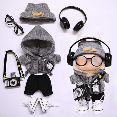 One Two and Three Generations of Labu Clothes, Fish Bone Set, 6-teiliges Set, 17 cm (grauer Pullover + Hut + Hose + Schuhe + Kopfhörer + Kamera + Brille) von LIANTRADECOM