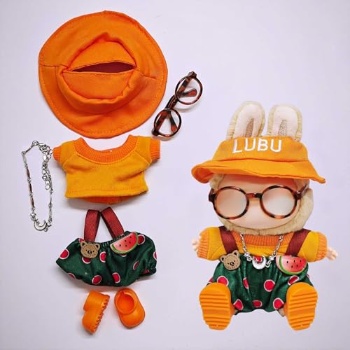 One Two and Three Generations of Labu Clothes, Fish Bone Set, 6-teiliges Set, 17 cm (orangefarbenes Hemd + Hut + Overalls + Schuhe + Halskette + Brille) von LIANTRADECOM