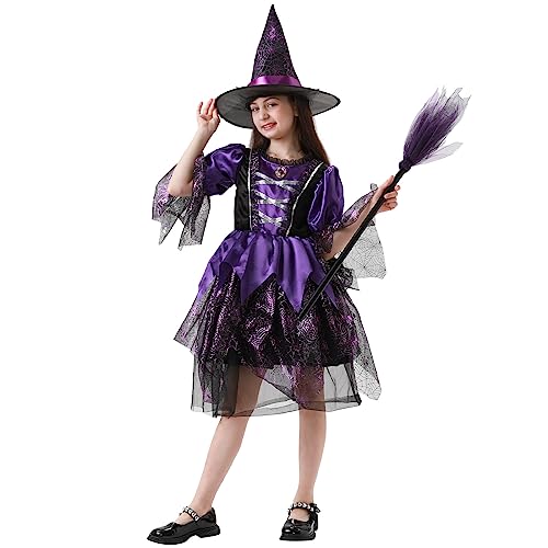 LIAWEI Halloween Hexenkostüm Mädchen Hexenkleid 3-teiliges Set Kinder Hexen Karneval Kleidung Reißverschluss Cosplay Fasching mit Hexenhut Hexenbesen (Lila, 120) von LIAWEI
