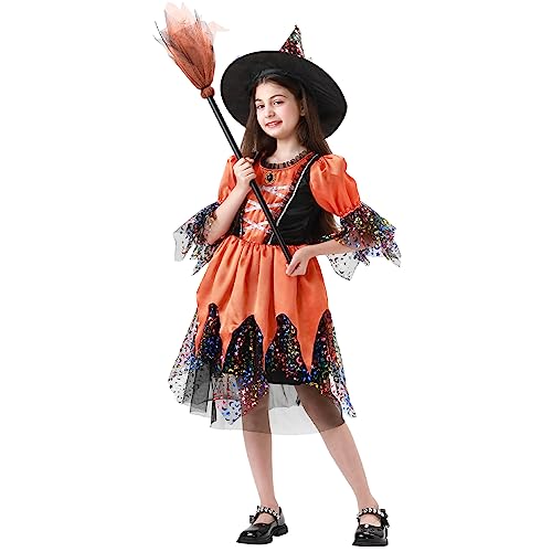 LIAWEI Halloween Hexenkostüm Mädchen Hexenkleid 3-teiliges Set Kinder Hexen Karneval Kleidung Reißverschluss Cosplay Fasching mit Hexenhut Hexenbesen (Orange, 140) von LIAWEI