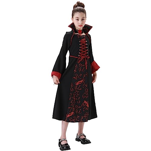 LIAWEI Vampir Kostüm Halloween für Mädchen Dress Up Kinder Vampire Kostüm Gotisch Königin Kleid Karneval Fasching Cosplay Kleidung Deluxe 3-teiliges Set (Rot, 130) von LIAWEI