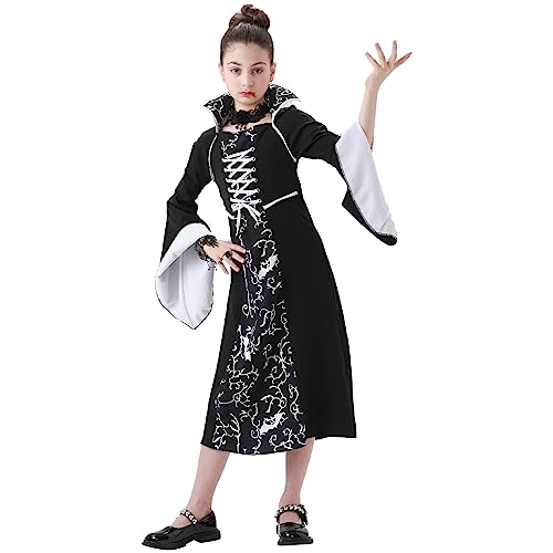 LIAWEI Vampir Kostüm Halloween für Mädchen Dress Up Kinder Vampire Kostüm Gotisch Königin Kleid Karneval Fasching Cosplay Kleidung Deluxe 3-teiliges Set (Schwarz, 140) von LIAWEI