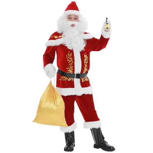 LIAWEI Weihnachtsmann Kostüm für Männer Nikolauskostüm 12 Stk Set Santa Claus Costume Weihnachten Weihnachtsfeier Cosplay Weihnachtsmann-Anzug (Rot, L) von LIAWEI