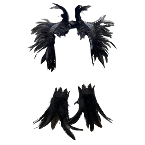 LICHENGTAI Federumhang Damen Gothic Feder Epauletten Umhang Schal mit Feder Manschetten Handschuhe Feder Armbänder Halloween Kostüm für Foto Requisite Cosplay Party Kleidung von LICHENGTAI