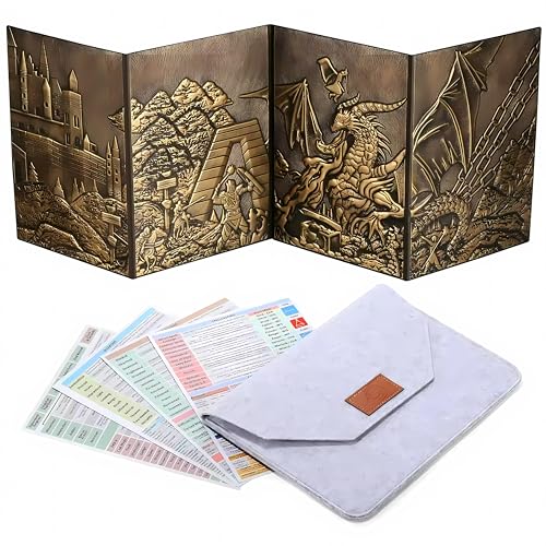 LIEFY DND DM Screen - D&D Dungeon and Dragons Spielleiterscreen aus geprägtem 3D Kunstleder mit Drachenmuster und 4 Panels mit Taschen - DND Geschenk - DND Zubehör (Brass) von LIEFY