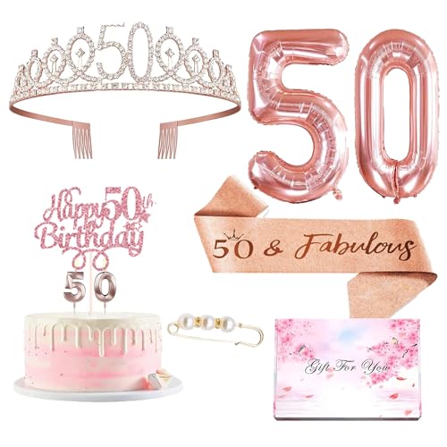 50 Geburtstag Frau Deko,Tortendeko 50 Geburtstag Frau,Geburtstagsgeschenk für Frauen,Deko 50 Geburtstag Frau Pink Geschenkbox Krone Schultergurt Stift Foliennummern Zahlenkerzen Kuchenkarte von LIENGHNS