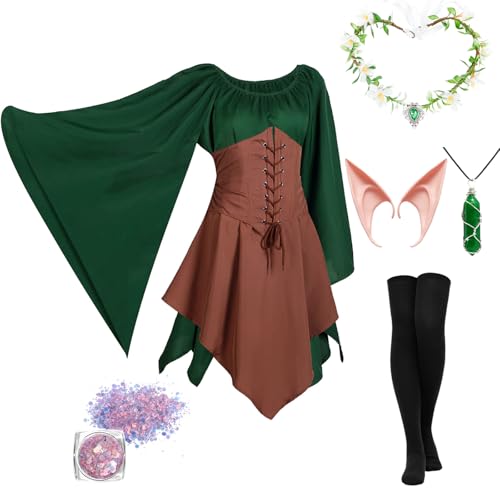 LIEOLGOH Damen Mittelalter Kleid, Traditionelles Irisches Kleid Kostüm für Damen, Renaissance Elfen Kostüm, Gothic Kleid Damen mit Elfenohren, Haarschmuck, Ohrclips, Overknee Socken (Braun, L) von LIEOLGOH