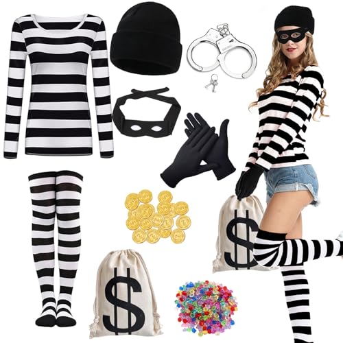 LIEOLGOH Halloween Bankräuber Kostüm Damen, 9 Stück Frauen Räuber Kostüm, Einbrecher-Kostümset, Polizei und Räuber Verkleidung für Halloween Karneval Cosplay (M) von LIEOLGOH